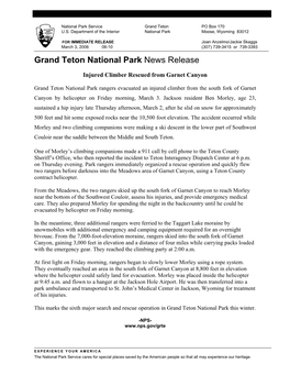 Grand Teton National Park News Release