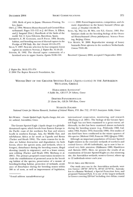 Winter Diet of the Greater Spotted Eagle &Lpar;<I>Aquila Clanga</I>&Rpar; in the Amvrakikos Wetlands, Greece