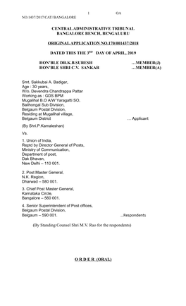 Central Administrative Tribunal Bangalore Bench, Bengaluru Original Application No.170/001437/2018 Dated This the 3Rd Day Of