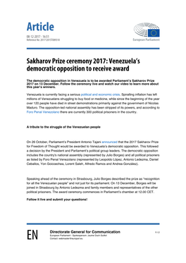 Sakharov Prize Ceremony 2017: Venezuela’S Democratic Opposition to Receive Award