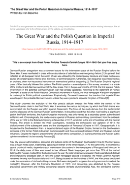 The Great War and the Polish Question in Imperial Russia, 1914–1917 Written by Ivan Basenko