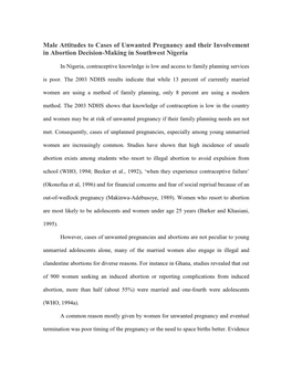 Male Attitudes to Cases of Unwanted Pregnancy and Their Involvement in Abortion Decision-Making in Southwest Nigeria