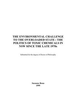 THE ENVIRONMENTAL CHALLENGE to the OVERLOADED STATE : the POLITICS of TOXIC CHEMICALS in NSW SINCE the LATE 1970S