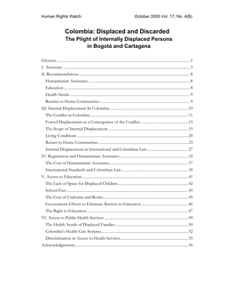 Colombia: Displaced and Discarded the Plight of Internally Displaced Persons in Bogotá and Cartagena