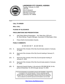 LAKEWOOD CITY COUNCIL AGENDA Tuesday, February 18, 2020 7:00 P.M