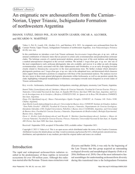 An Enigmatic New Archosauriform from the Carnian– Norian, Upper Triassic, Ischigualasto Formation of Northwestern Argentina