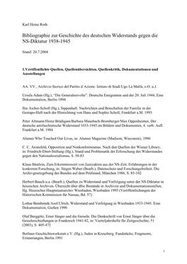 Bibliographie Zur Geschichte Des Deutschen Widerstands Gegen Die NS-Diktatur 1938-1945