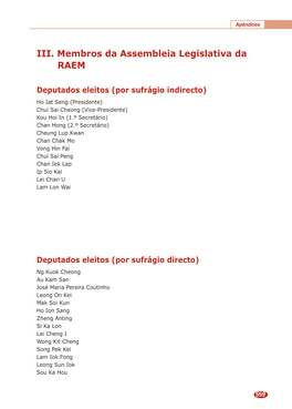 III. Membros Da Assembleia Legislativa Da RAEM