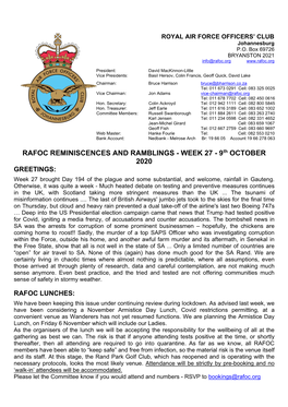 RAFOC REMINISCENCES and RAMBLINGS - WEEK 27 - 9Th OCTOBER 2020 GREETINGS