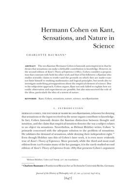 Hermann Cohen on Kant, Sensations, and Nature in Science