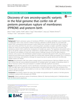 Discovery of Rare Ancestry-Specific Variants in the Fetal Genome That Confer Risk of Preterm Premature Rupture of Membranes (PPROM) and Preterm Birth Bhavi P