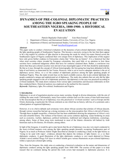 Dynamics of Pre-Colonial Diplomatic Practices Among the Igbo Speaking People of Southeastern Nigeria, 1800-1900: a Historical Evaluation