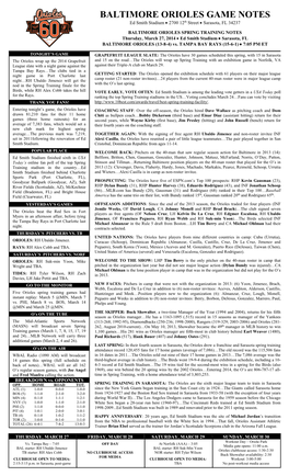 BALTIMORE ORIOLES GAME NOTES Ed Smith Stadium  2700 12Th Street  Sarasota, FL 34237