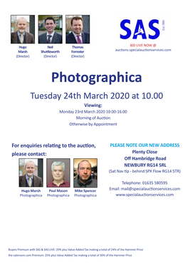 Photographica Tuesday 24Th March 2020 at 10.00 Viewing: Monday 23Rd March 2020 10.00-16.00 Morning of Auction Otherwise by Appointment