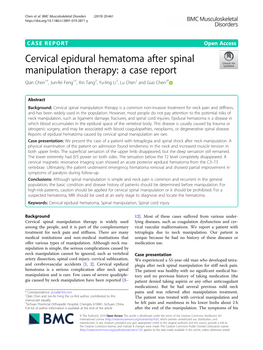 Cervical Epidural Hematoma After Spinal Manipulation Therapy: a Case Report Qian Chen1†, Jun-Fei Feng1†, Xin Tang2, Yu-Ling Li1, Lu Chen1 and Guo Chen3*