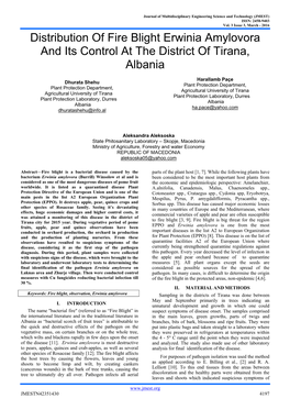 Distribution of Fire Blight Erwinia Amylovora and Its Control at the District of Tirana, Albania