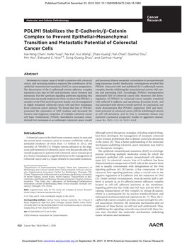 PDLIM1 Stabilizes the E-Cadherin/B-Catenin Complex To