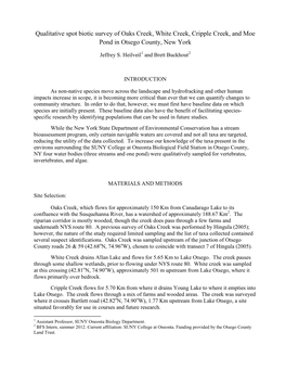 Qualitative Spot Biotic Survey of Oaks Creek, White Creek, Cripple Creek, and Moe Pond in Otsego County, New York