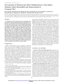 Overexpression of Membrane-Type Matrix Metalloproteinase-1 Gene Induces Mammary Gland Abnormalities and Adenocarcinoma in Transgenic Mice1