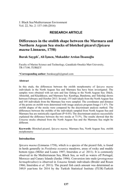 Differences in the Otolith Shape Between the Marmara and Northern Aegean Sea Stocks of Blotched Picarel (Spicara Maena Linnaeus, 1758)