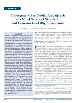 Wheatgrass–Wheat Partial Amphiploids As a Novel Source of Stem Rust and Fusarium Head Blight Resistance