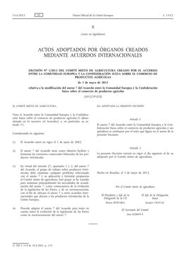 Decisión No 1/2012 Del Comité Mixto De Agricultura Creado Por El Acuerdo Entre La Comunidad Europea Y La Confederación Suiza