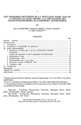 Les Vertebres Devoniens De La Mont Agne Noire (Sud De La France) Et Leur Apport a La Phylogenie Des Pachyosteomorphes (Placodermes Arthrodires)