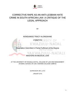 Corrective Rape As an Anti-Lesbian Hate Crime in South African Law: a Critique of the Legal Approach