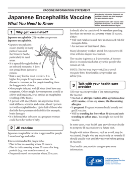 Japanese Encephalitis Vaccine See Hojas De Información Sobre Vacunas Están Disponibles En Español Y En Muchos Otros What You Need to Know Idiomas