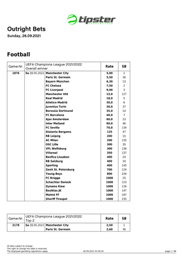 Outright Bets Sunday, 26.09.2021