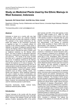 Study on Medicinal Plants Used by the Ethnic Mamuju in West Sulawesi, Indonesia