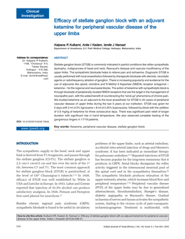 Efficacy of Stellate Ganglion Block with an Adjuvant Ketamine for Peripheral Vascular Disease of the Upper Limbs