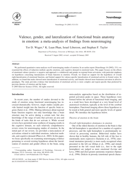 Valence, Gender, and Lateralization of Functional Brain Anatomy in Emotion: a Meta-Analysis of ﬁndings from Neuroimaging