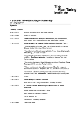 A Blueprint for Urban Analytics Workshop 11-12 April 2019 Agenda