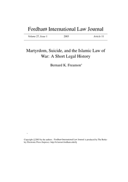 Martyrdom, Suicide, and the Islamic Law of War: a Short Legal History