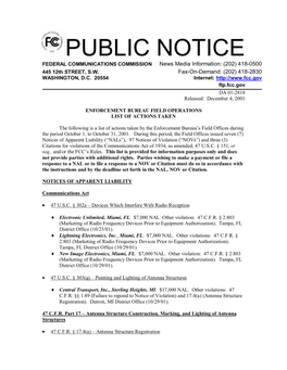 PUBLIC NOTICE FEDERAL COMMUNICATIONS COMMISSION News Media Information: (202) 418-0500 445 12Th STREET, S.W