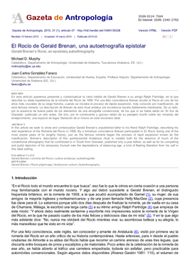 El Rocío De Gerald Brenan, Una Autoetnografía Epistolar Gerald Brenan’S Rocío, an Epistolary Autoethnography