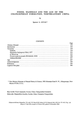 FOSSIL MAMMALS and the AGE of the Changxindlan FORMATION, NORTHEASTERN CHINA