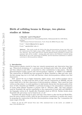 Arxiv:1511.00453V1 [Physics.Hist-Ph] 2 Nov 2015 Work for Touschek’S Life and His Contribution to the Construction of Both Ada and ADONE Is the Biography Written by E