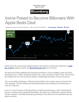 Jimmy Iovine, the Veteran Music Industry Producer and Executive, Will Become a Billionaire If Apple Inc