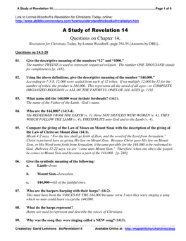 A Study of Revelation 14 Questions on Chapter 14, Revelation for Christians Today, by Lonnie Woodruff--Page 254-55 [Answers by DRL]…