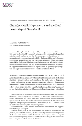 Chain(Ed) Mail: Hypermestra and the Dual Readership of Heroides 14