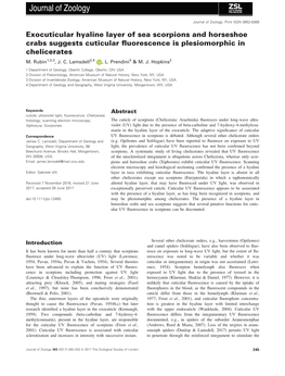 Exocuticular Hyaline Layer of Sea Scorpions and Horseshoe Crabs Suggests Cuticular Fluorescence Is Plesiomorphic in Chelicerates