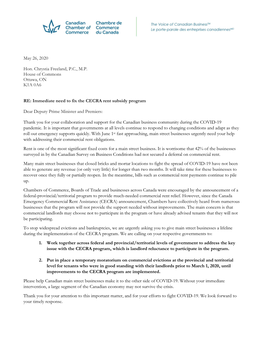 May 26, 2020 Hon. Chrystia Freeland, P.C., M.P. House of Commons Ottawa, on K1A 0A6 RE: Immediate Need to Fix the CECRA Rent