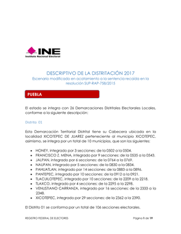 DESCRIPTIVO DE LA DISTRITACIÓN 2017 Escenario Modificado En Acatamiento a La Sentencia Recaída En La Resolución SUP-RAP-758/2015