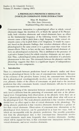 A PHONOLOGY-PHONETICS MISMATCH: [VOICE] in CONSONANT-TONE INTERACTION* Mary M