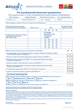 INBOUND HYDRA-ATHENS Pre-Boarding Health Declaration