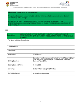 Troyeville Generator Tender Advert