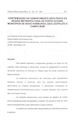 Contribuição AO CONHECIMENTO GEOLÓGICO DA REGIÃO METROPOLITANA DE PORTO ALEGRE, Municípios DE NOVO HAMBURGO, SÃO LEOPOLDO E CAMPO BOM