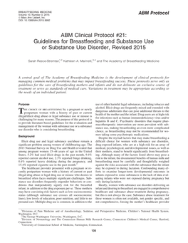 ABM Clinical Protocol #21: Guidelines for Breastfeeding and Substance Use Or Substance Use Disorder, Revised 2015